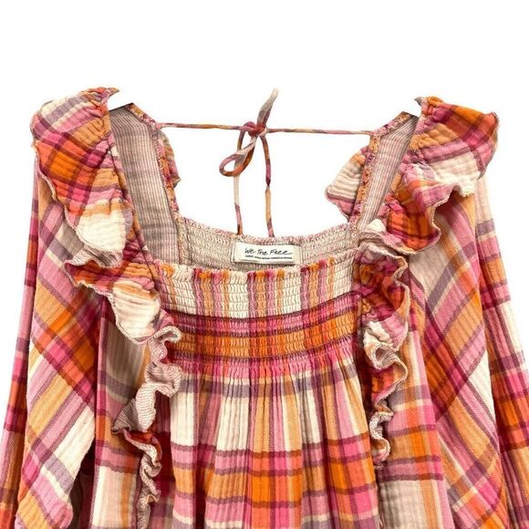 Free People Siena Plaid Pullover Blouse top‎ Size L boho - Picture 4 of 9